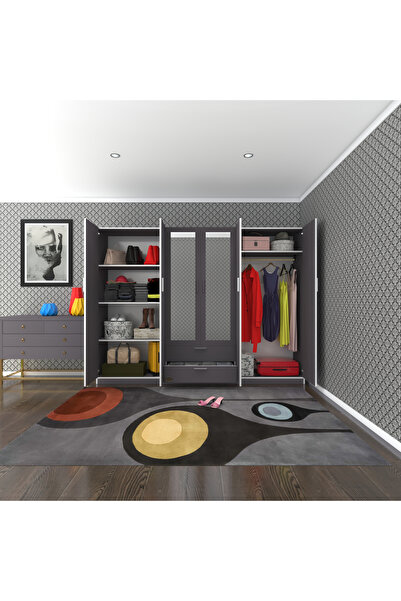 Kenzlife Gardırop 6 Kapılı Çekmeceli Begonvil240 Gri Aynalı Kapaklı Gardolap Dolap