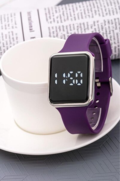 Saattino Kadın Gümüş Dokunmatik Mor Renk Silikon Kordon Dijital Led Kol Saati...