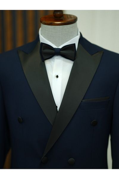 LONATOLİA Men's Premium Italian Style Double Breasted Jacket and Pants - Groom's Bow Tie - Navy Blue