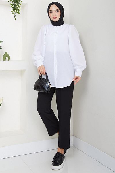 hafsamina White Balloon Sleeve Shirt - Hm2639