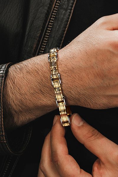 OSMANLI GÜMÜŞ Grek Wavy Steel Yellow Men's Bracelet Imprint Cblaltgrek1