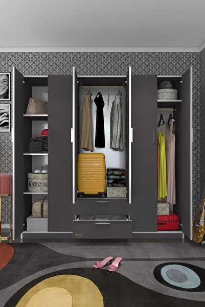 Kenzlife Gardırop 6 Kapılı Çekmeceli Begonvil180 Gri Kapaklı Gardolap Dolap