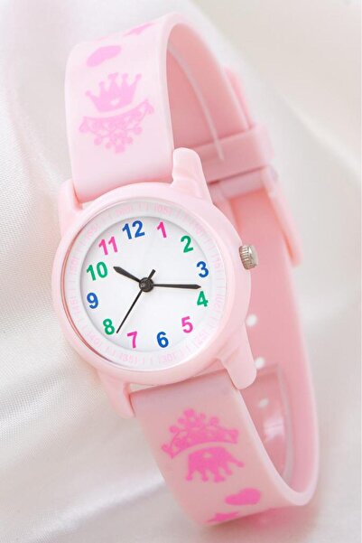 Saattino Yeni Model Toz Pembe Kalpli Prenses Tacı Analog 6-13 Yaş Kız Çocuk K...