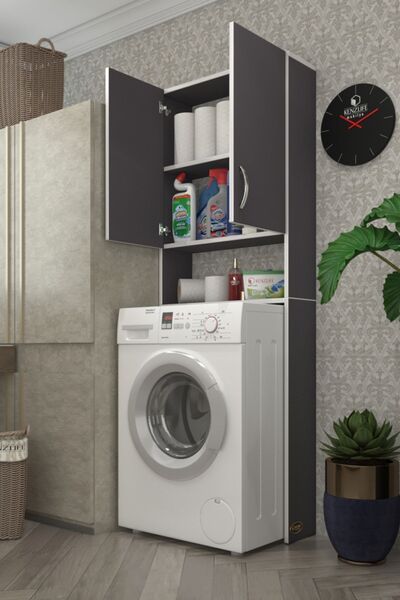 Kenzlife Çamaşır Makinesi Dolabı Veronika Gri 180*066*20 Banyo Çift Kapaklı A...
