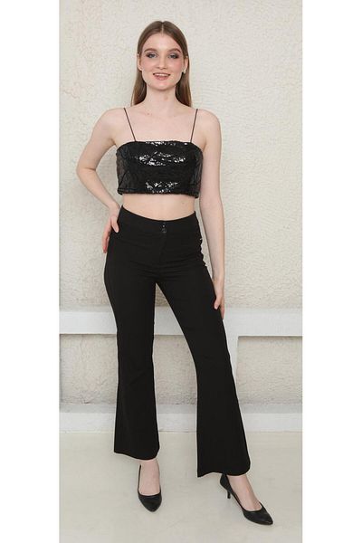 ŞİNDO GİYİM Women's High Waist Spanish Leg Fabric Pants