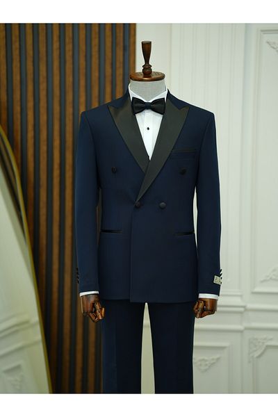 LONATOLİA Men's Premium Italian Style Double Breasted Jacket and Pants - Groom's Bow Tie - Navy Blue