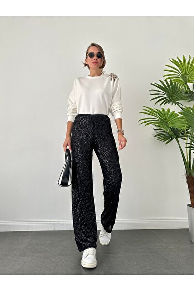 BURCE Payetli Yüksek Bel Bol Paça Kadın Pantolon