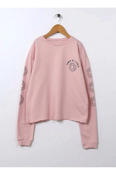 Kübra Tekstil Girl's Floral Printed Crop Sweatshirt - Cotton Body, Sweat