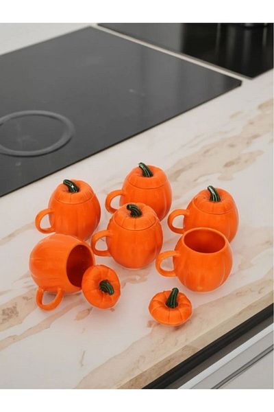 Viyalente 6-Piece Ceramic Lid Pumpkin Mug - Spice Holder with Lid 200ml Mug Cup