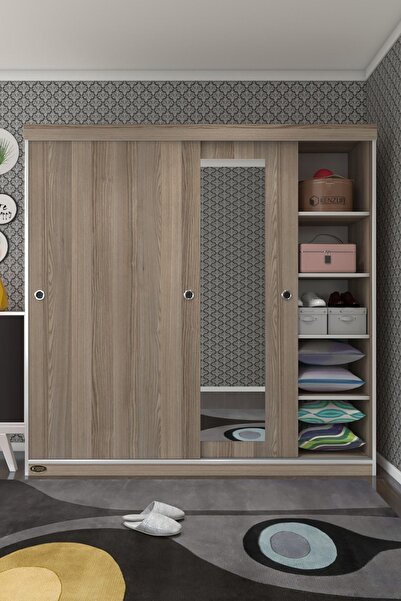 Kenzlife Gardırop Sürgülü Kapaklı Kapılı 180 Papatya Crd Aynalı Gardolap Dolap