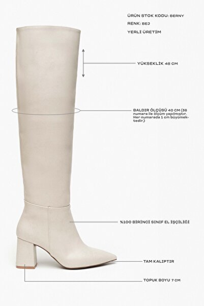 NİŞANTAŞI SHOES Dámské kozačky na podpatku Berny Béžová s matnou špičatou špičkou