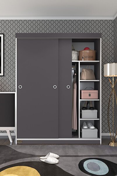 Kenzlife Gardırop Sürgülü Kapaklı Kapılı 140 Papatya Gri Gardolap Dolap