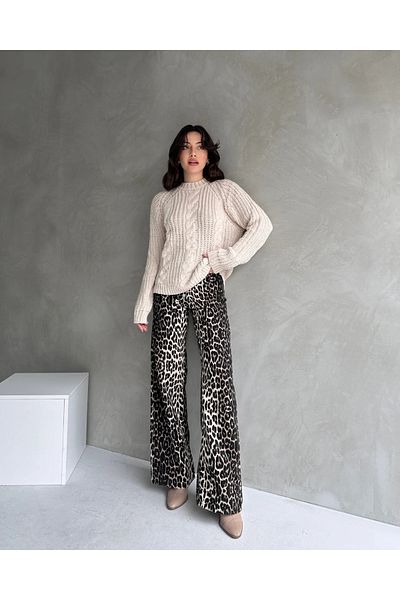 Çiğdemce Giy High Waist Leopard Print Spanish Leg Trousers