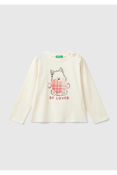 United Colors of Benetton Tricou pentru fete ecru - imprimat în față și detal...