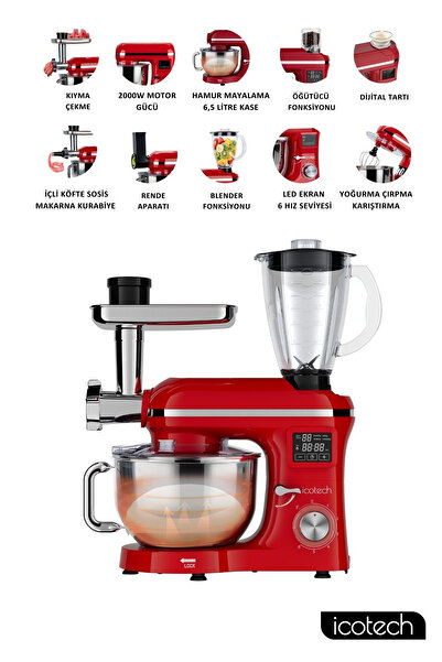 icotech Sm50 Kırmızı 2000w 6,5 Lt Ekranlı Hamur Mayalama Kıyma Çekme Blender Stand Mikser Mutfak Şefi