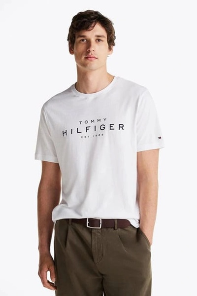 Tommy Hilfiger Erkek Beyaz Logo Yuvarlak Yaka T-Shirt