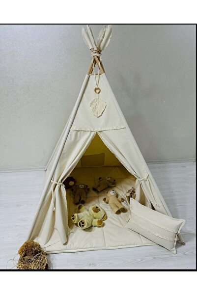 Genel Markalar Organik Püsküllü Renkli Oyun Çadırı Bej, Çocuklar İçin Eğlenceli ve Güvenli Oyun Alanı