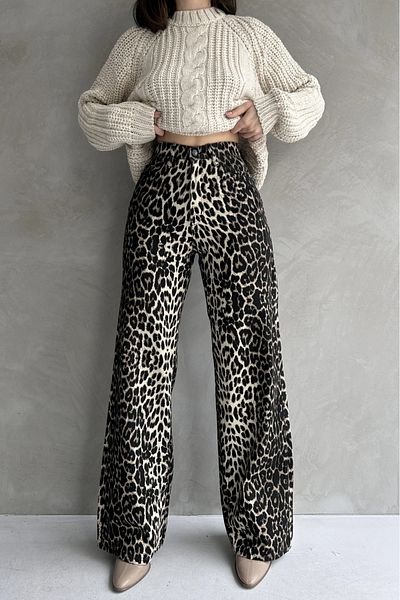 Çiğdemce Giy High Waist Leopard Print Spanish Leg Trousers