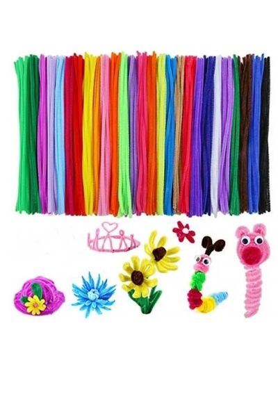 everart Renkli Şönil, 100 Adet, Tüylü Tel, 30 cm, Eğitici Şönil Seti, Peluş Tel