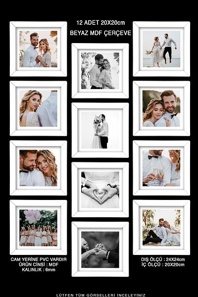 bymat 12 Pieces 20x20 Frame - White Frame - MDF Square Frame - Multiple Photo Frame Set