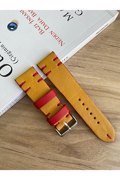 Prizma El Dikişi Hardal Sarısı Kırmızı Mumlu İp Dikiş. Gerçek Deri Saat Kordonu.Hakiki Deri. 20,22,24,26mm.