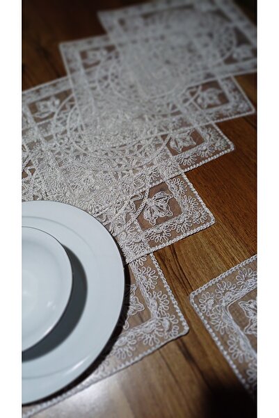 Neweste Service american cu 6 plăci - model pătrat, brodat cu șnur Angelz, serviciu de masă brodat pe tul