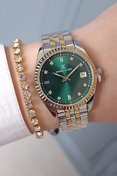Daniel Klein Altın/Metalik Çelik Bilezik Takvimli Kadın Kol Saati + Zirkon Taşlı Bileklik