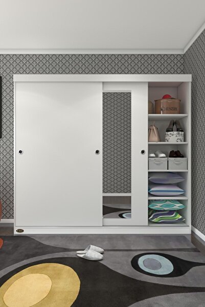 Kenzlife Gardırop Sürgülü Kapaklı Kapılı 200 Papatya Byz Aynalı Gardolap Dolap