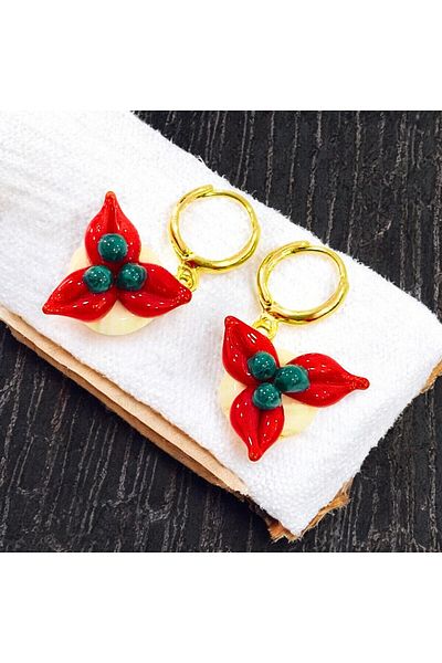 Polonezköy Cam Sanat Merkezi Cocina Flower Earrings - Christmas Flower Glass Beads Earrings |   New Year's Lucky Earring - Red