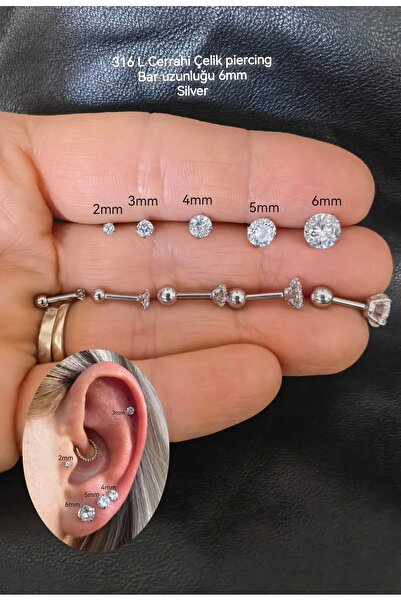 Bylin %100 316 L Cerrahi Çelik Tek Taş Piercing - Bar Uzunluğu 6mm - 1 adet