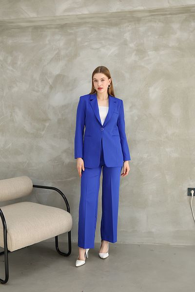 diaves Saks Blue Single Button Jacket Palazzo Pants Double Suit