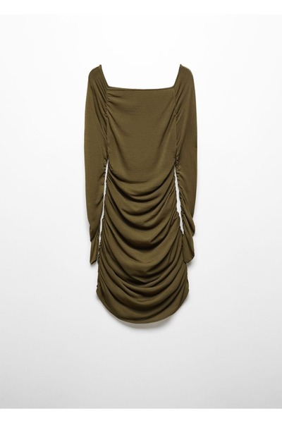 MANGO Woman Kare Yaka Büzgülü Elbise