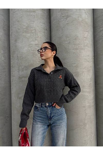 İLKCET MODA Pulover scurt de damă din tricot cu păr brodat urs