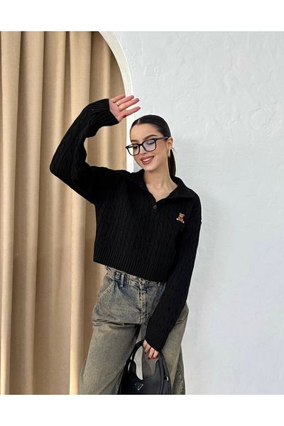 İLKCET MODA Pulover scurt de damă din tricot cu păr brodat urs
