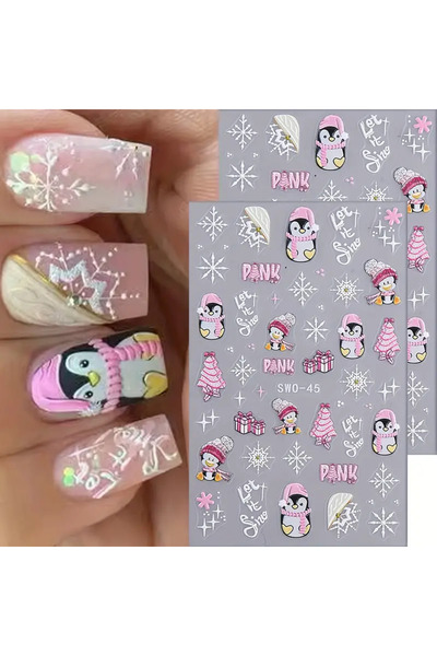 Takıtolia Penguen Kar Tanesi Noel 3d Tasarım Pembe Yapışkan Sticker Tırnak Dö...
