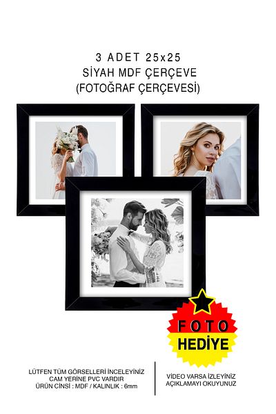 bymat 3 Pieces 25x25 Frame - Black Frame - MDF Square Frame - Multiple Photo Frame Set