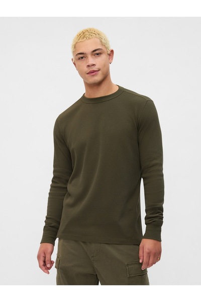 GAP Erkek Haki Waffle-Knit Crewneck T-Shirt