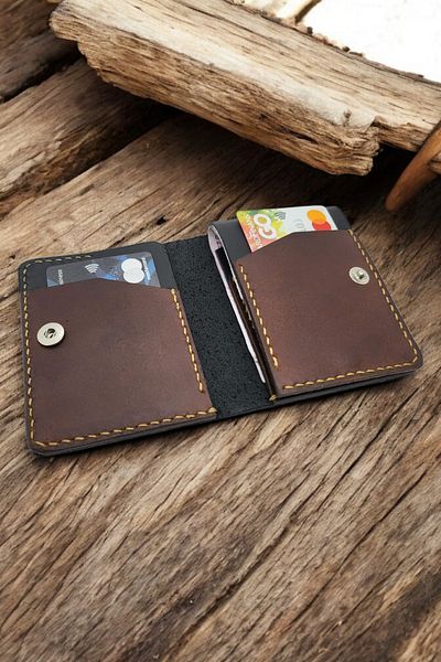 Leather Cy Nexus Black Dark Tan Unisex Genuine Leather Trifold Wallet - Name Writing and Handmade Included