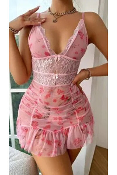 KADİRCE Ροζ νυχτικό με βαθύ ντεκολτέ