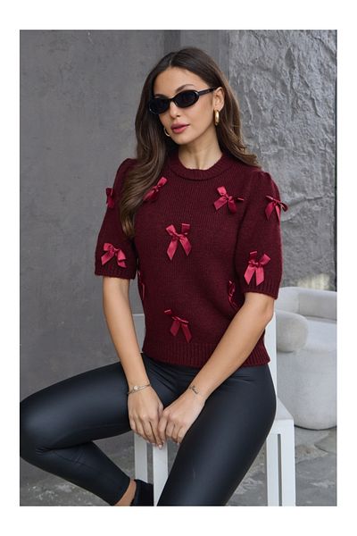 Elif Özbey Butik Tricotaj cu mânecă scurtă cu fundă roșie Claret