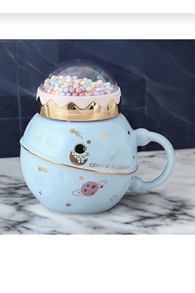 Pretty Astronot Temalı Boncuklu Kapaklı Porselen Kupa