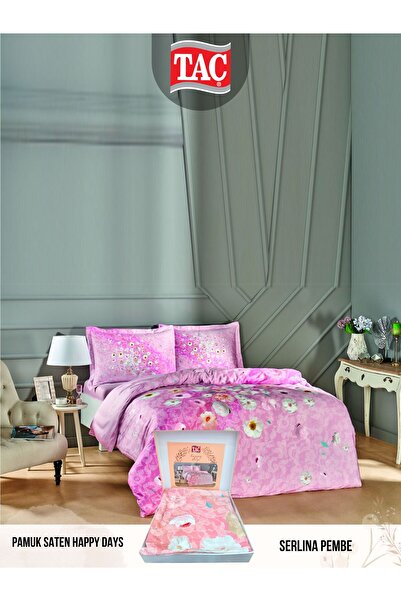 Taç Serlina pembe Pamuk Saten Çift Kişilik Nevresim Takımı