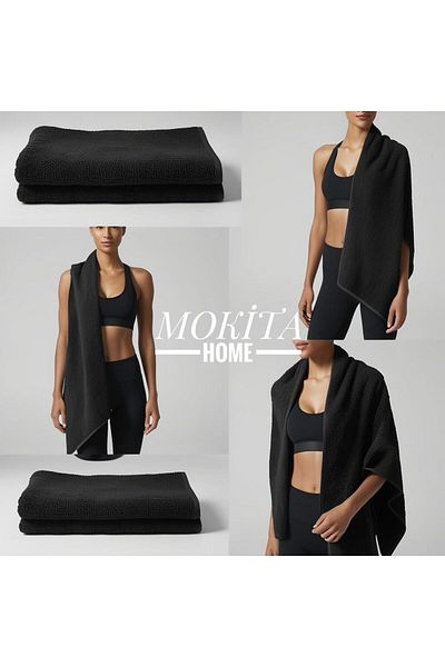 Mokita Home 30X120'Cm Antibacterial Black Sports Towel - Cotton, Gym Fitness, Boxing Tennis