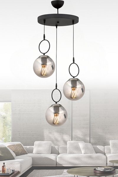 ESSLİGHT İnci 3-Piece Pendant Chandelier (Smoked Glass) Living Room Bedroom Kitchen Young Room