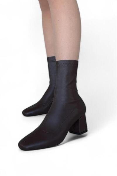 Melissa Boutique Kadın Acı Kahve Yumuşak Deri Yün Tabanlı 6 cm Topuklu Streç Bot