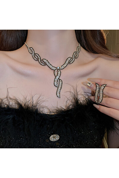 Şirin Yeni Moda & Şık Kadın Kristal Kolye Küpe Seti - Zarif Parti Elbise Akse...