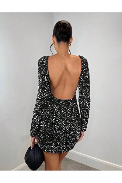 Styling Park Sırt Dekolteli Uzun Kol Mini Payet Elbise