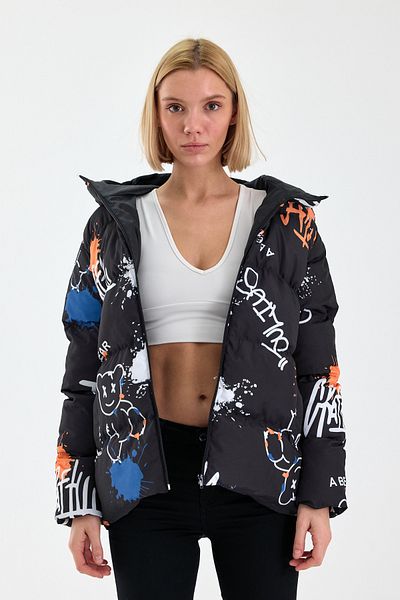 ÖNDER MODA Palton puf cu glugă cu model pentru damă