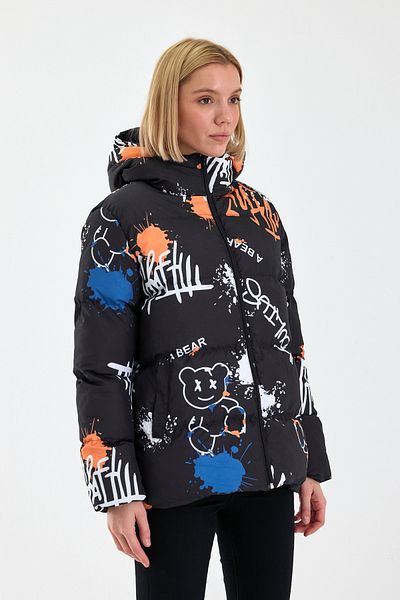 ÖNDER MODA Palton puf cu glugă cu model pentru damă