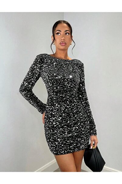 Styling Park Sırt Dekolteli Uzun Kol Mini Payet Elbise